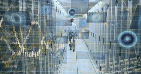 Engineer in Server Room with Holographic Financial Data Overlay