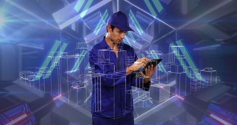 Technician Monitoring Futuristic Virtual Data with Tablet