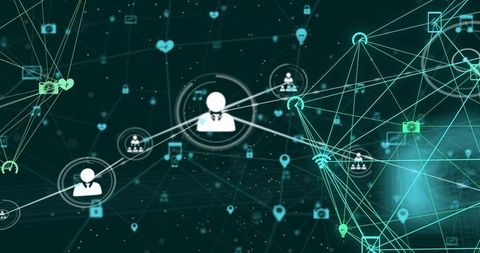 Connecting digital network hubs linking avatars and icons on futuristic glowing wireframe
