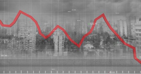 Digital interface overlay showing economic decline