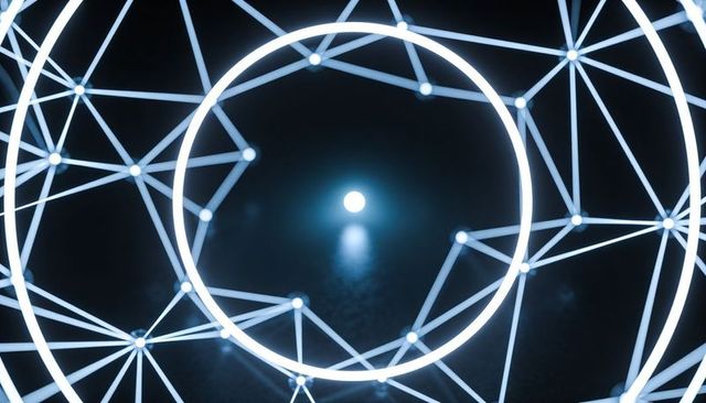 Glowing geometric network circling bright node, futuristic digital mesh, ai-generated