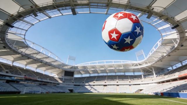 Patriotic soccer ball flying over empty stadium under clear blue sky