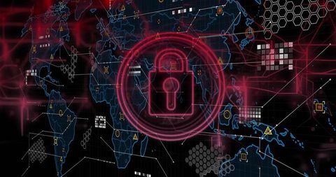 Neon red cybersecurity lock protecting global network map with data nodes and alerts