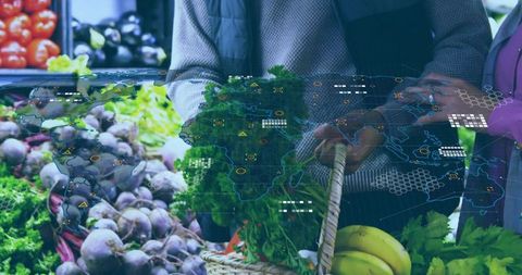 Shoppers selecting leafy greens with global supply chain digital map overlay