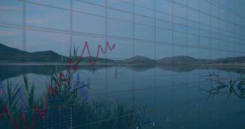 Digital Data Graphs Over Serene Lake Landscape