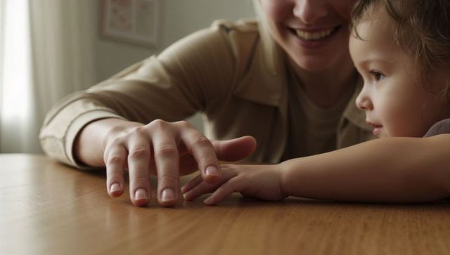 Mother and toddler reaching hands on sunlit wooden table showing warm bonding moment