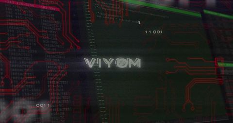 Glitching cyber console showing VIYOM logo with neon circuitry overlay and PCB code