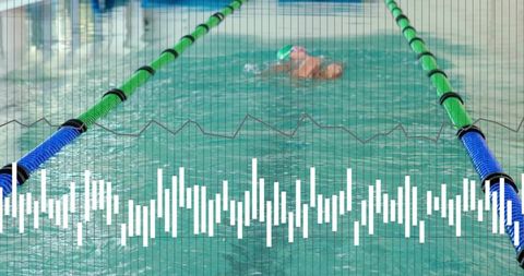 Male Swimmer Performing Freestyle in Lane with Waveform Data Overlay on Turquoise Water