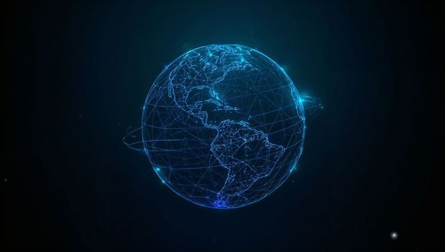 Holographic Neon Globe Showing Global Network Connections and Orbiting Data Rings