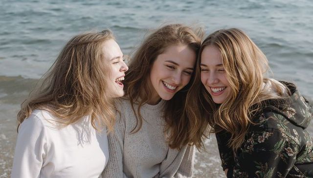 Three young women laughing together on windswept beach shoreline, cozy sweaters, friendship