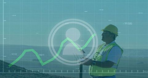 Coastal surveyor holding tablet with analytics overlay and rising green performance chart
