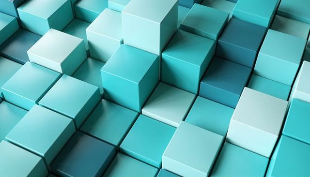 Forming turquoise cubic grid with stepped blocks and soft reflections