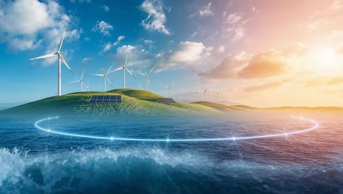Futuristic offshore renewable energy island with wind turbines and solar arrays, digital ring