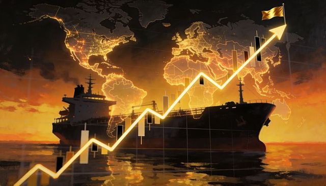 Cargo ship sailing into golden sunset with rising global market trend and candlesticks