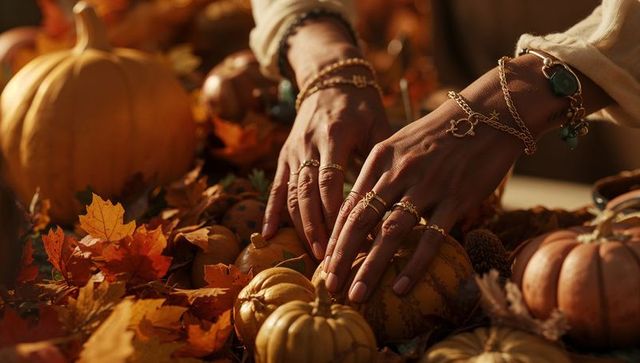 Autumnal jewelry display with hands arranging mini pumpkins