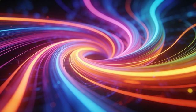 Swirling neon spiral of multicolored light streaks and glowing particles
