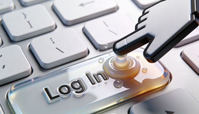 Glossy log in key being pressed by stylized cursor creating liquid droplets on keyboard