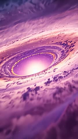 Zooming into luminous spiral vortex revealing glowing core and particles in purple nebula