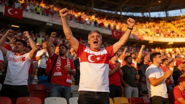 Turkish football fans cheering and raising fists wearing crescent star jersey in stadium