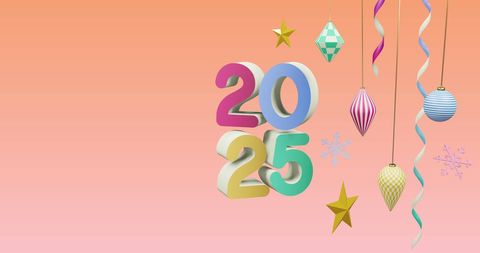 Colorful representation of the year 2025 surrounded by vibrant festive ornaments on a pink background. Ideal for New Year's promotions, holiday greeting cards, social media posts to celebrate upcoming events, and festive design projects.