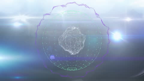 Rotating Digital Brain Amidst Dynamic Light Beams and Icons