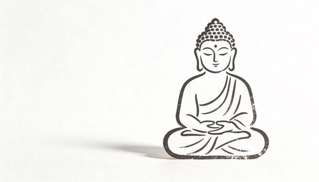 Minimalist black line art buddha sitting in lotus position with shadow and copy space