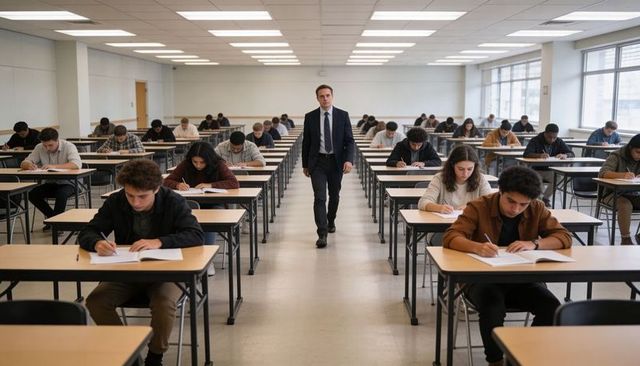 Exam proctor walking down aisle supervising students taking test in classroom