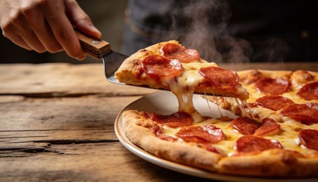 Melting cheese stretching from pepperoni pizza slice lifted with wooden-handled spatula