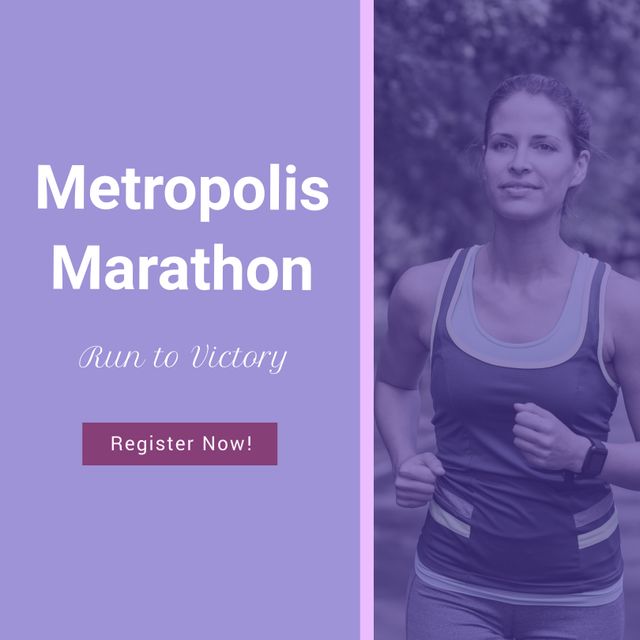 Ideal for promoting marathon events, fitness campaigns, and health-related promotions. Shows motivated female runner engaging in outdoor activity, encouraging participation and registration.