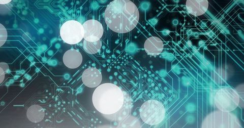 Glowing Teal Circuitry Network Pulsing with Bokeh Orbs for Data Visualization and AI
