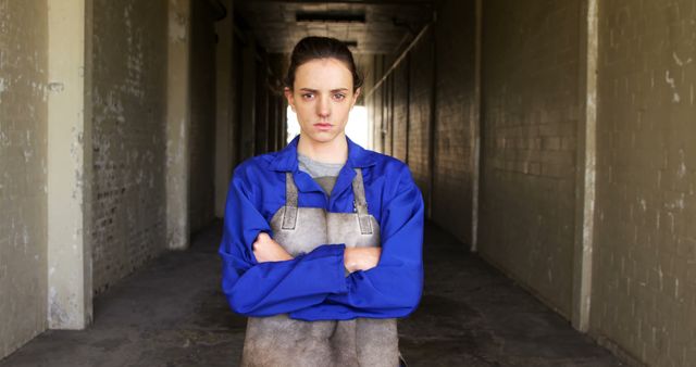 Female Factory Worker in Industrial Corridor - Download Free Stock Images Pikwizard.com