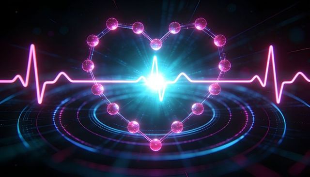 Pulsing neon heart network hovering in holographic space with pink ecg and cyan burst