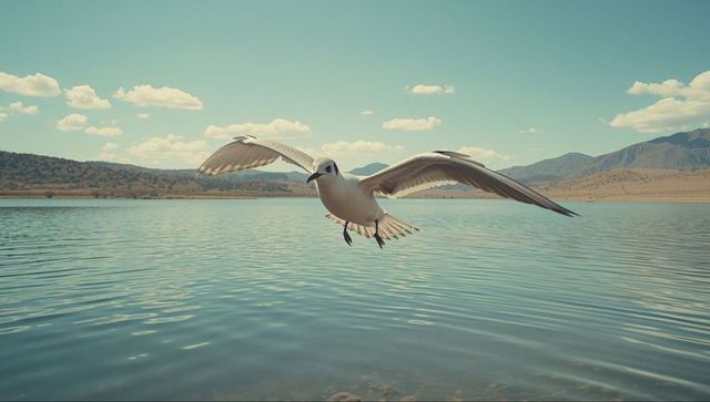 White Gull in Flight Over Tranquil Lake with Hills in Background