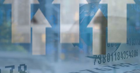 Upward arrows and global network on digital city background