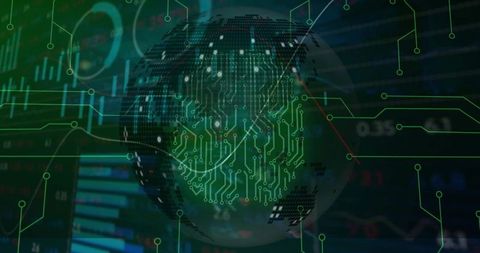 Digital Globe with Circuitry Overlapping Financial Data Charts