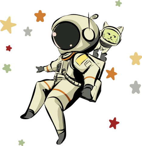 Floating cartoon astronaut and cat among stars on transparent background