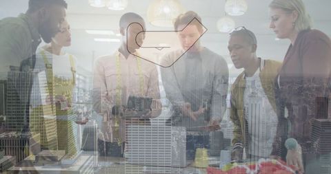 Diverse Team Collaborating on Business Strategy with Cityscape Overlay