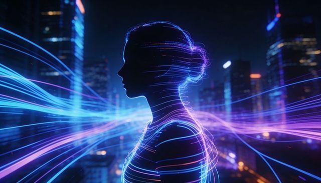 Neon-lined female silhouette connecting to digital city network at night, cyberpunk glow