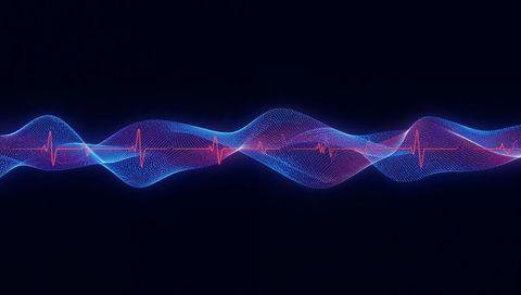 Neon waveform with ecg pulse flowing through glowing digital mesh ribbon purple gradient