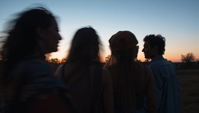 Friends watching sunset in meadow at dusk silhouetted against pastel horizon