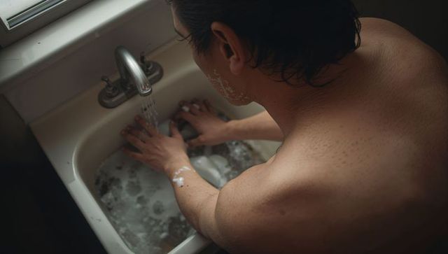 Shirtless asian man rinsing shaving foam at bathroom sink with chrome faucet and daylight