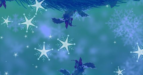 Snowflakes Falling Over Christmas Tree Branches with Berry Accents