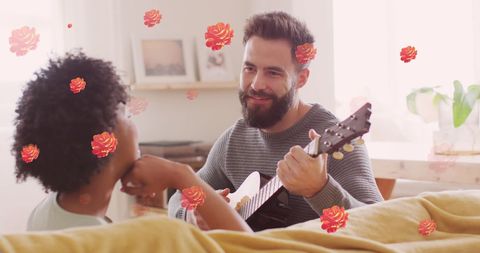 Romantic couple bonding with guitar at home