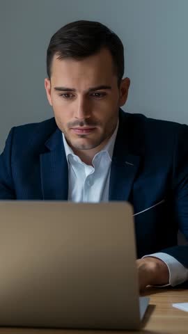Businessman concentrating while typing on laptop at desk vertical corporate video