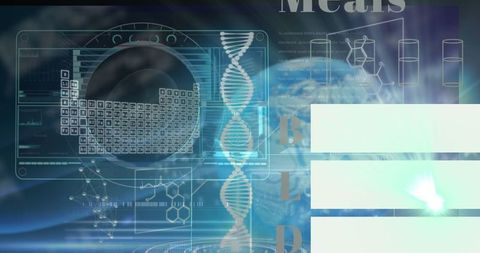 Digital lab interface with futuristic dna helix and periodic table