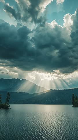 Sunbeams Piercing Storm Clouds Over Mountain Lake Rays Reflecting on Rippling Water Vertical Video
