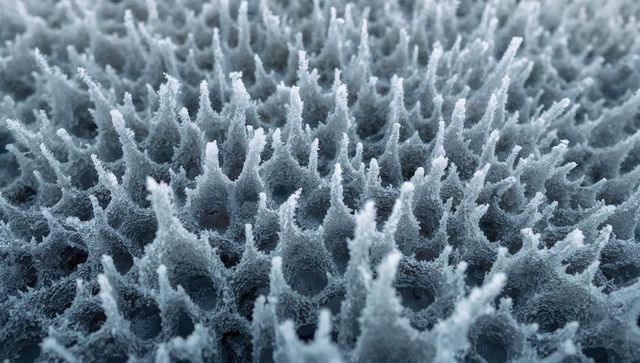 Frost crystals forming spiky hollow columns on frozen surface macro texture pattern
