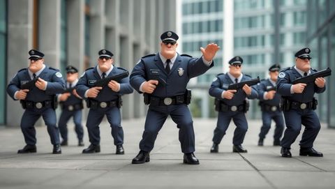 Animated police officers form defensive line in urban plaza