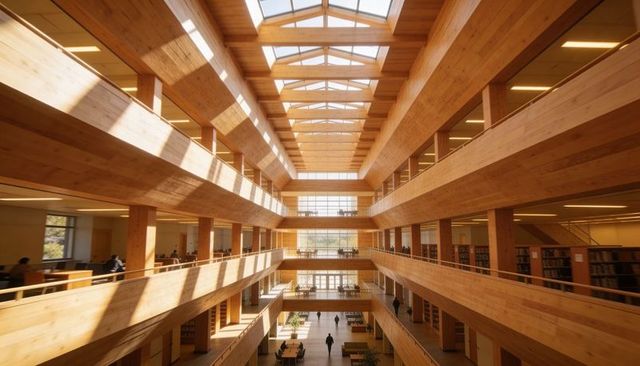 Sunlit multi-level timber atrium in university library with skylights and study balconies
