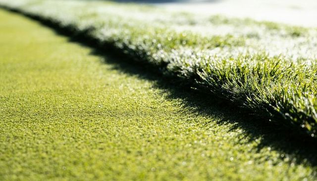 Sunlight highlighting seam between smooth putting green turf and taller dew-covered grass